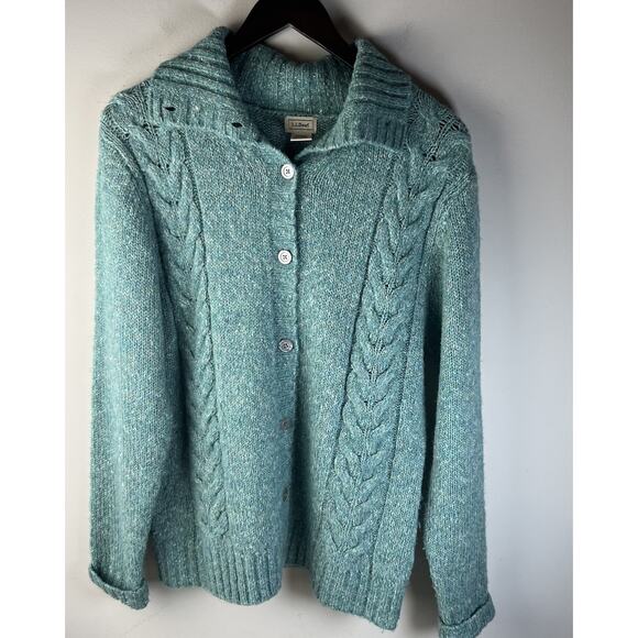 LL Bean L Button-Up Cardigan Sweater Top Grandma Lagenlook Wool Blend Teal Cable - Picture 1 of 8
